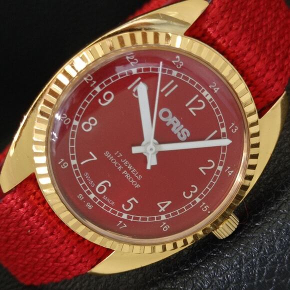 Vintage 1992 Oris Manual Mens Gold Watch W/Nato Strap & Red accents - Picture 1 of 9